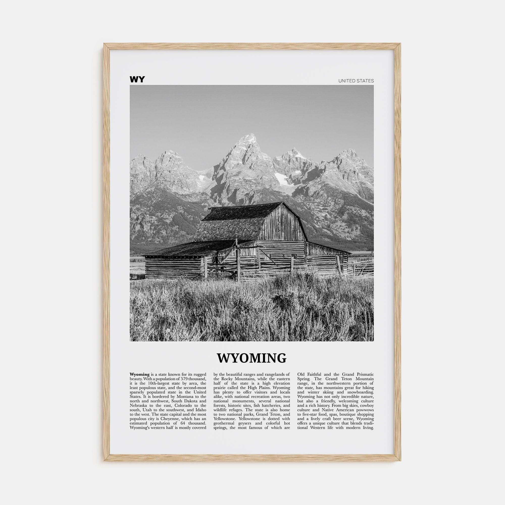 Wyoming No 1 Poster Natural Wood / 8x12 in Nbourhood Travel B&W Poster