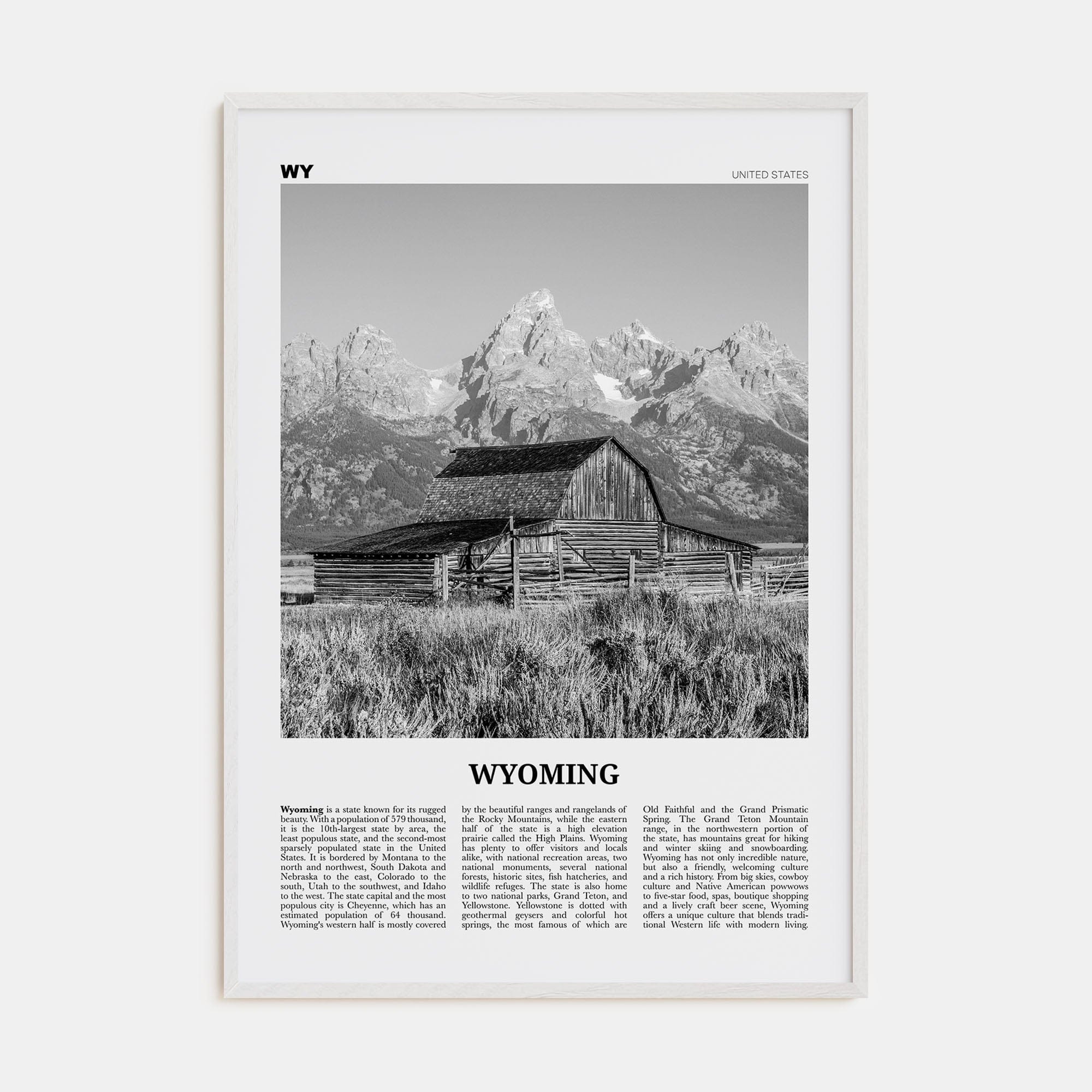 Wyoming No 1 Poster White Wood / 8x12 in Nbourhood Travel B&W Poster