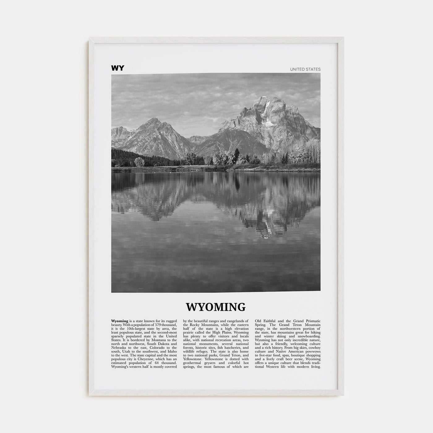 Wyoming No 2 Poster White Wood / 8x12 in Nbourhood Travel B&W Poster