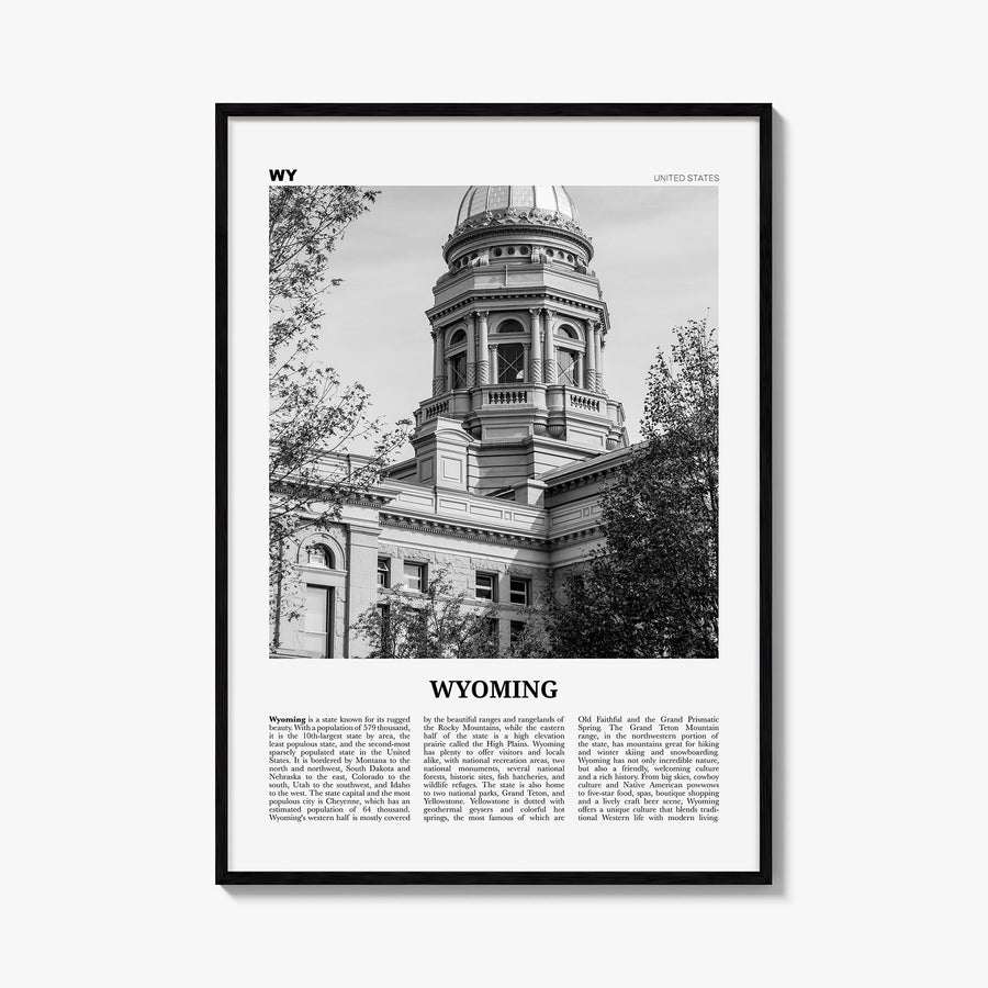 Wyoming no. 3 black & white newspaper poster of United States – vertical wall art, unframed print shown in interior mockup