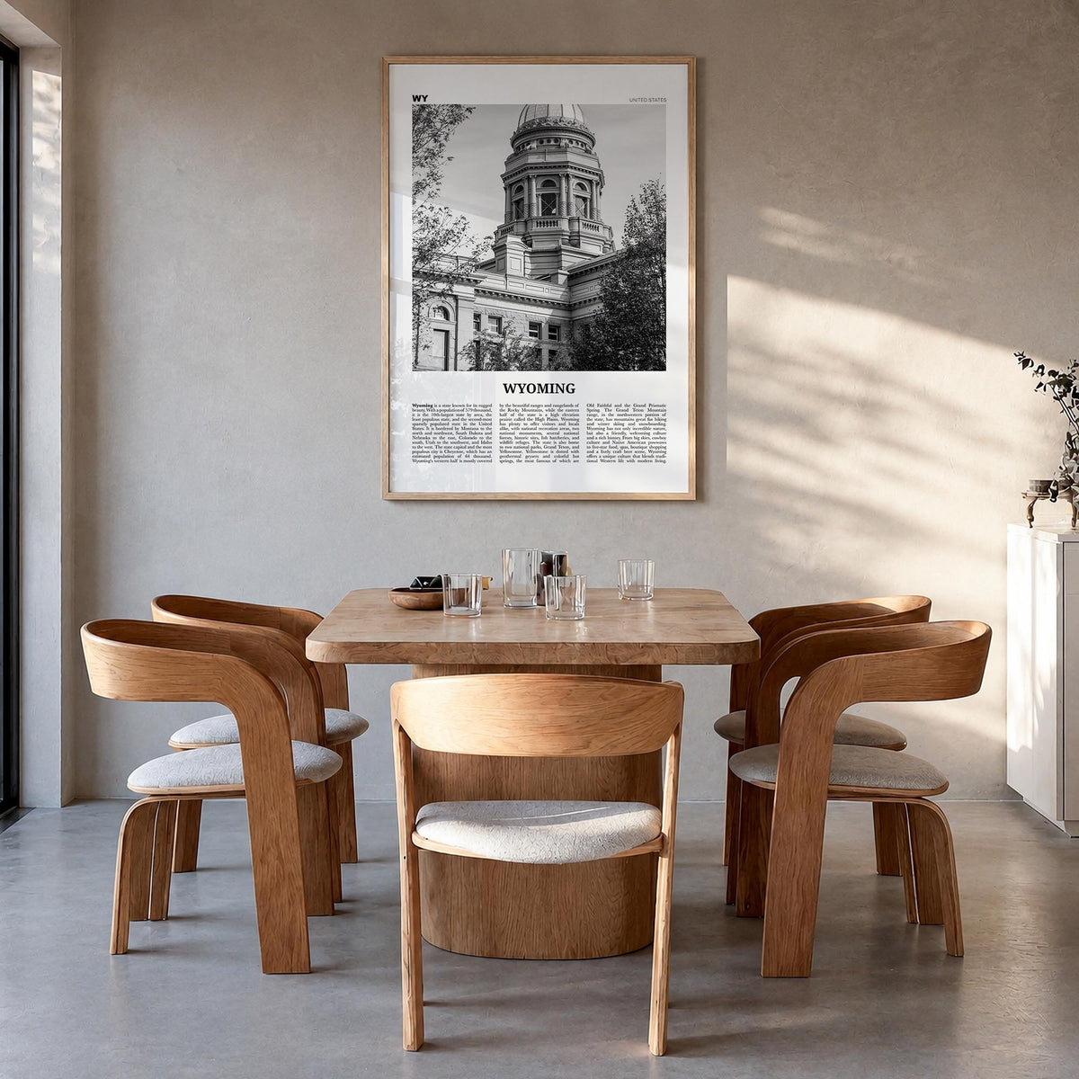 Wyoming no. 3 black & white newspaper poster of United States – vertical wall art in natural wood frame, hanging on wall