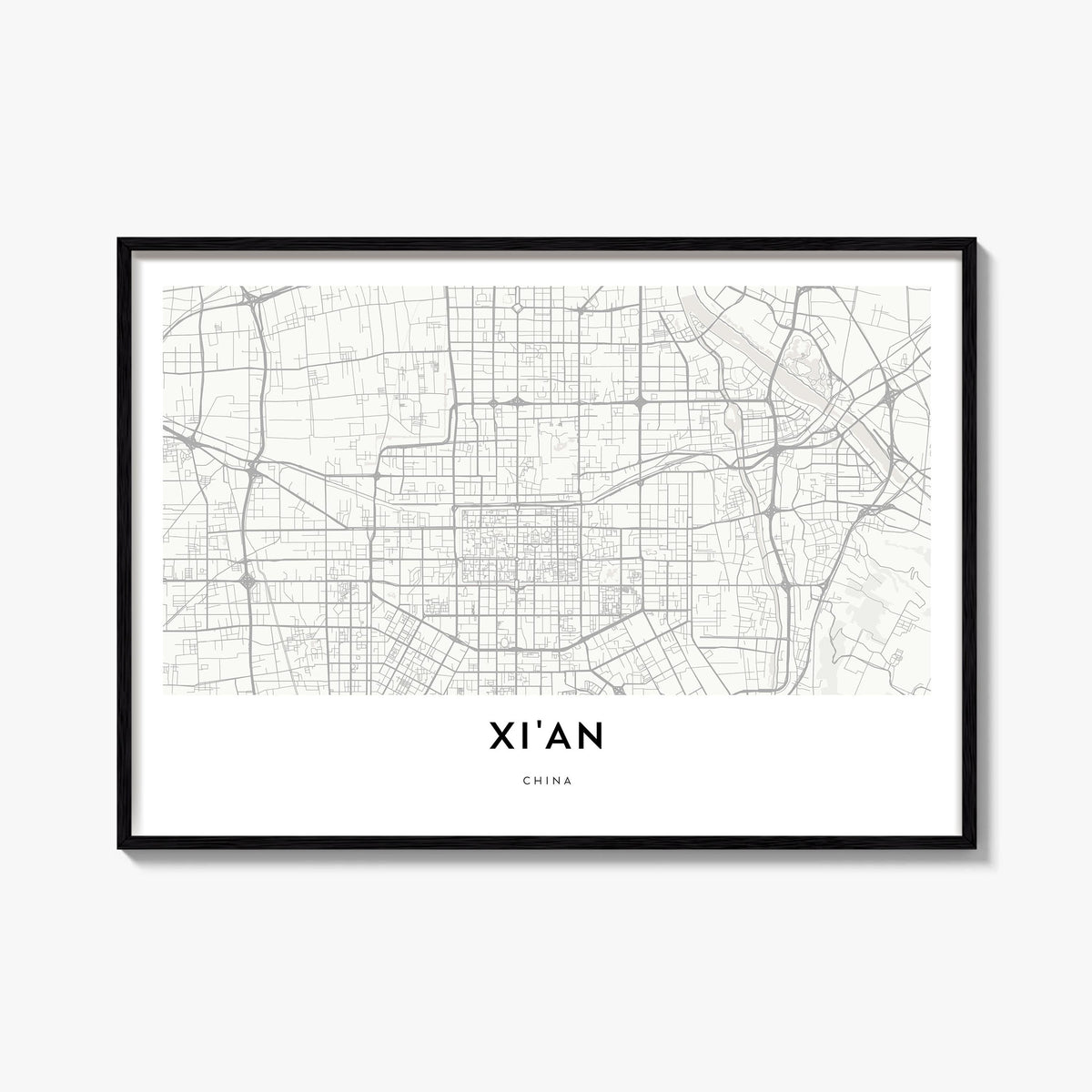 Xi'an black & white map poster of China – horizontal wall art, unframed print shown in interior mockup