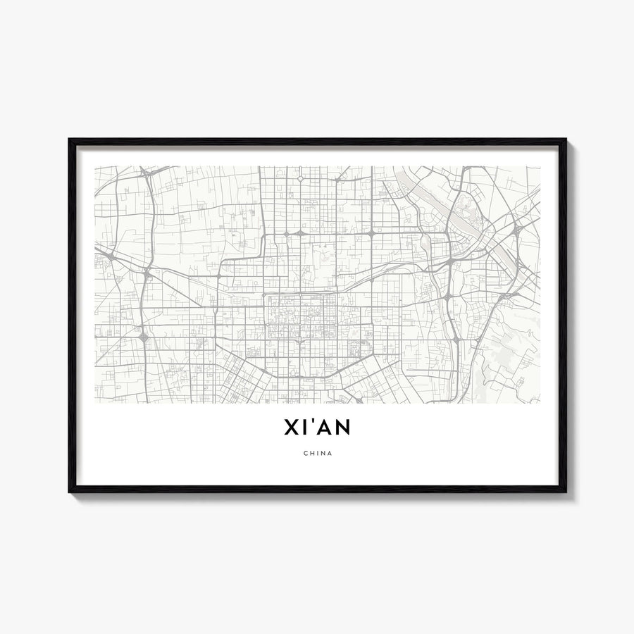 Xi'an black & white map poster of China – horizontal wall art, unframed print shown in interior mockup