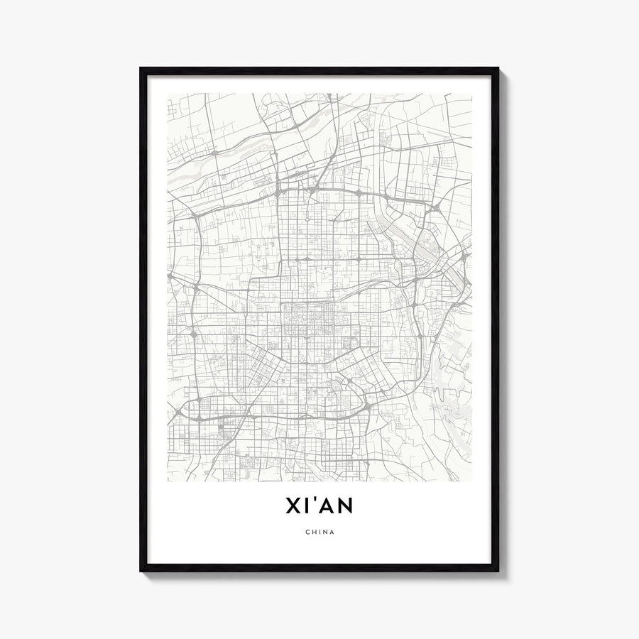 Xi'an black & white map poster of China – vertical wall art, unframed print shown in interior mockup