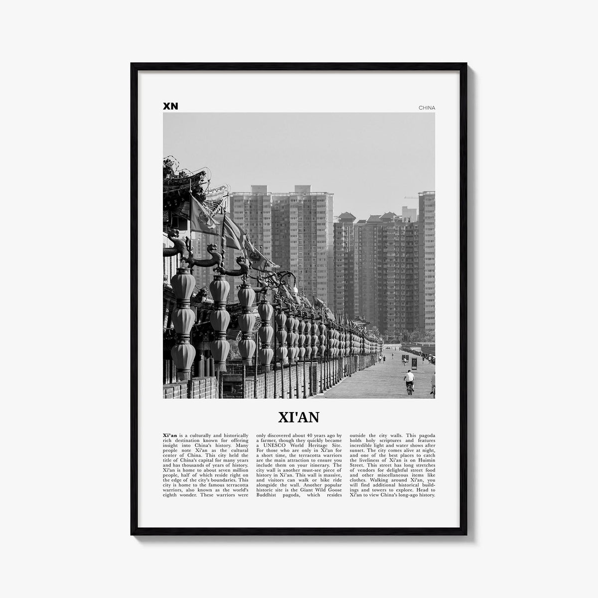 Xi'an black & white newspaper poster of China – vertical wall art, unframed print shown in interior mockup