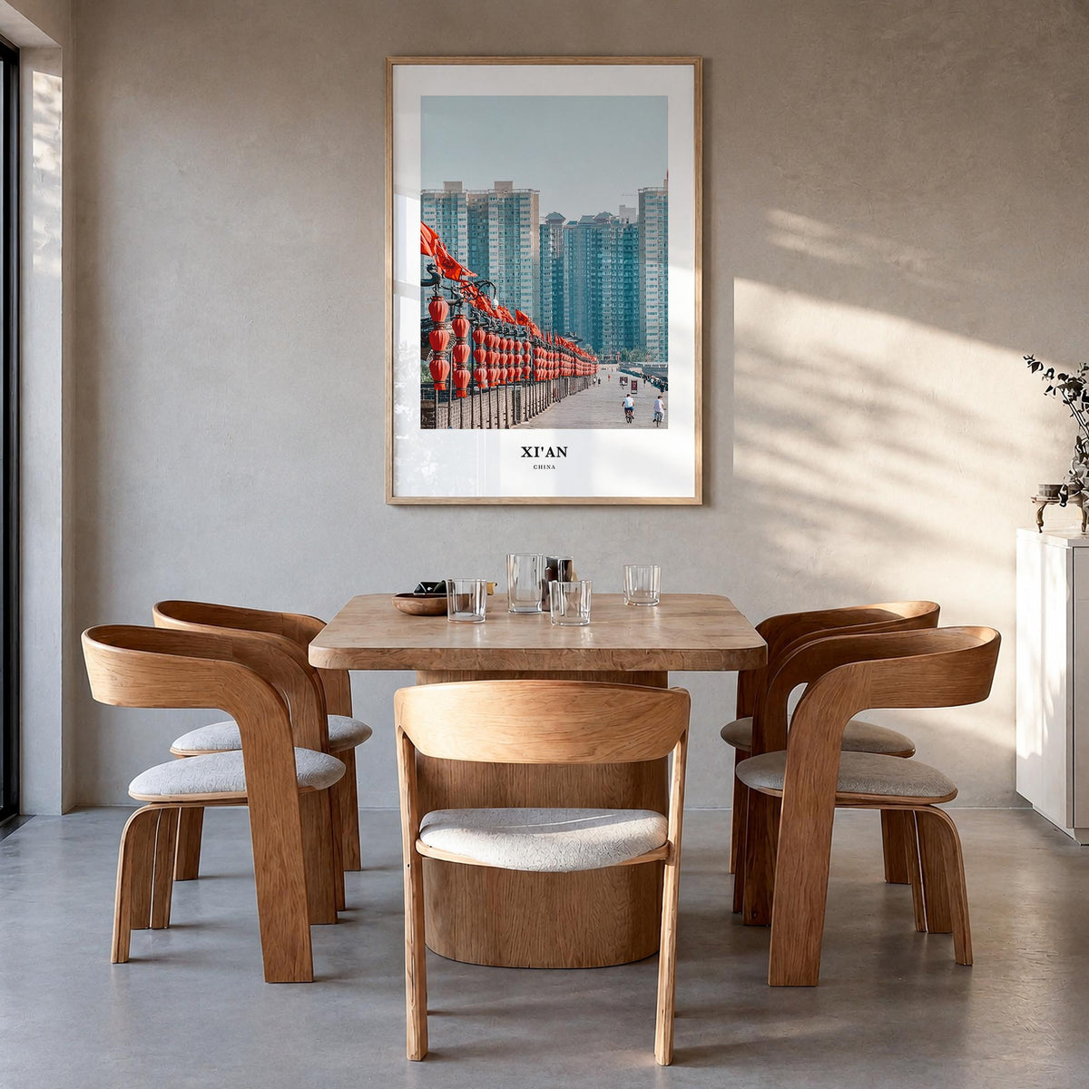 Xi'an colorful classic poster of China – vertical wall art in natural wood frame, hanging on wall