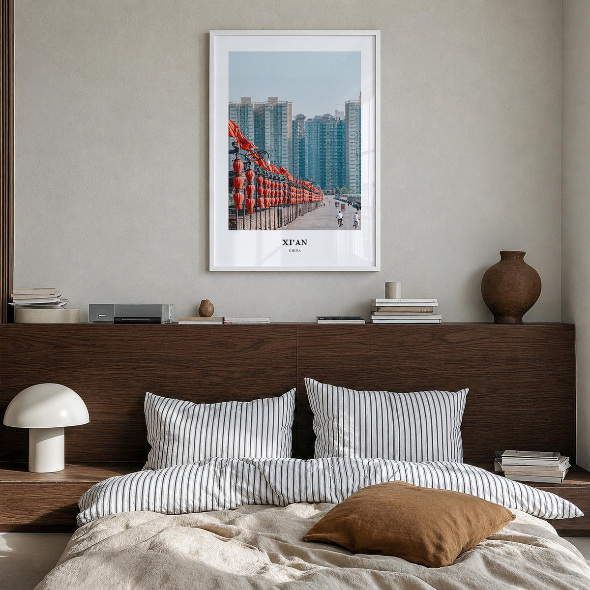 Xi'an colorful classic poster of China – vertical wall art in white wood frame, hanging on wall