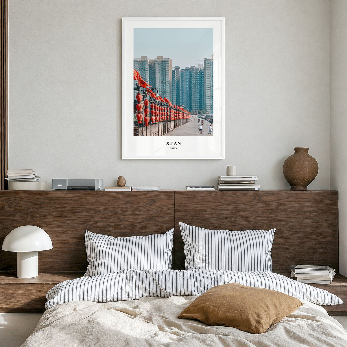 Xi'an Classic Poster in a white wood frame, hanging in a bedroom