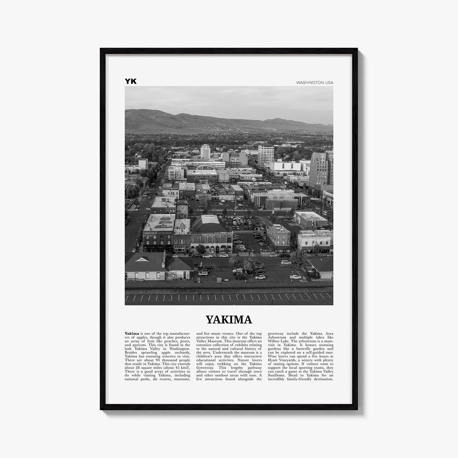 Yakima black & white newspaper poster of Washington, USA – vertical wall art, unframed print shown in interior mockup