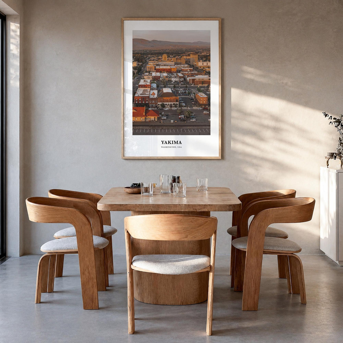 Yakima colorful classic poster of Washington, USA – vertical wall art in natural wood frame, hanging on wall