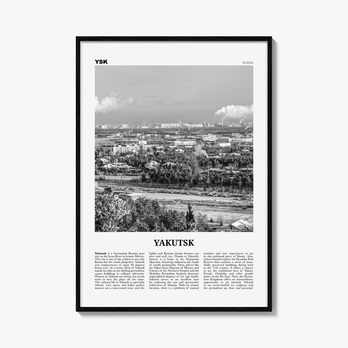 Yakutsk black & white newspaper poster of Russia – vertical wall art, unframed print shown in interior mockup