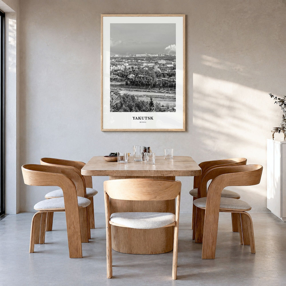 Yakutsk Classic Poster in a natural wood frame, hanging in a dining room