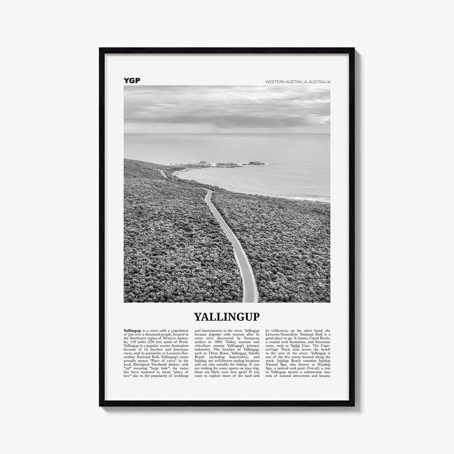 Yallingup black & white newspaper poster of Western Australia, Australia – vertical wall art, unframed print shown in interio
