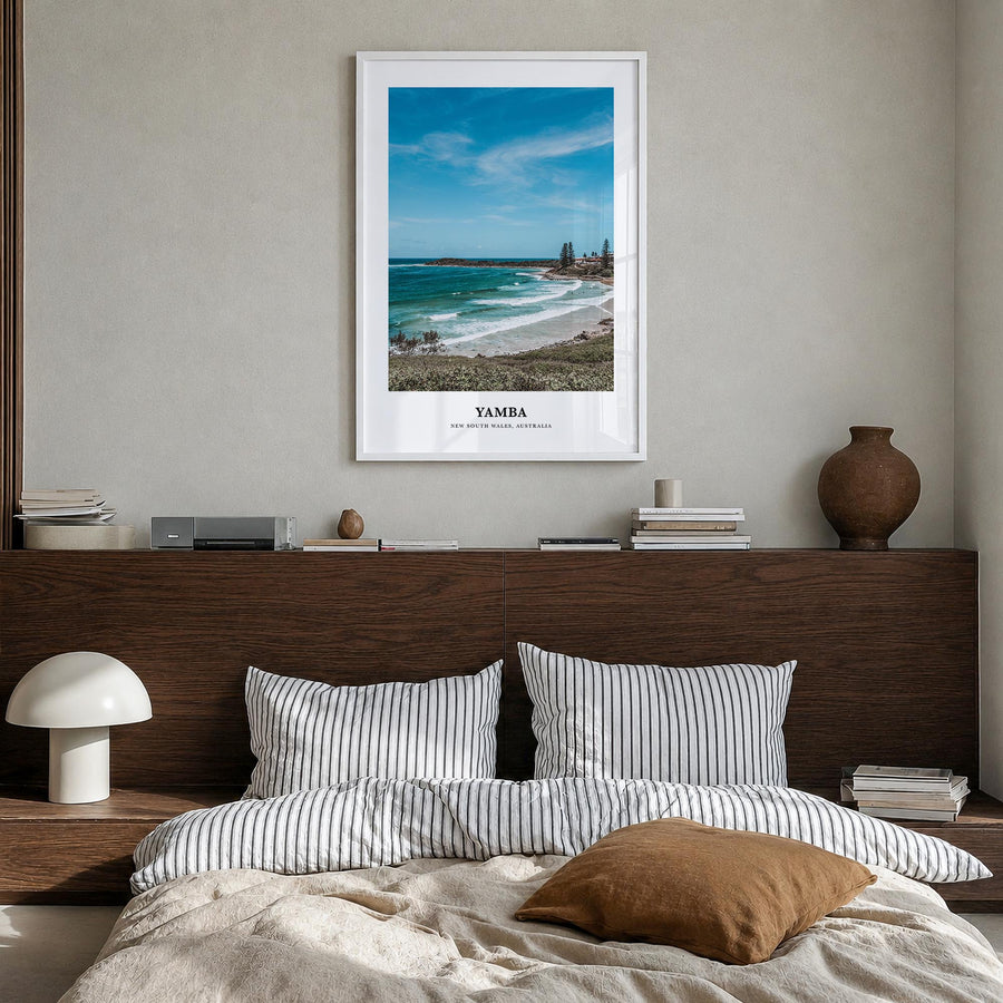 Yamba colorful classic poster of New South Wales, Australia – vertical wall art in white wood frame, hanging on wall