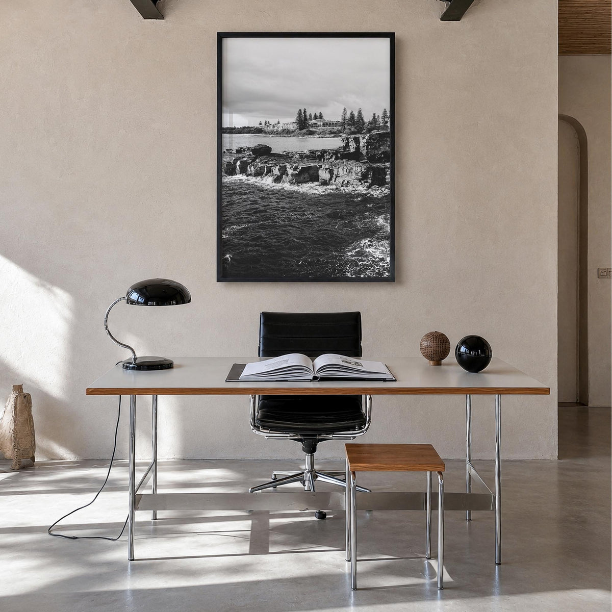 Yamba no. 3 black & white photo poster of New South Wales, Australia – vertical wall art in black wood frame, hanging on wall