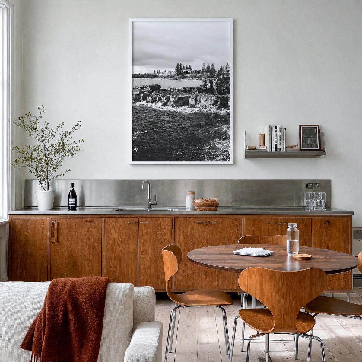 Yamba no. 3 black & white photo poster of New South Wales, Australia – vertical wall art in white wood frame, hanging on wall