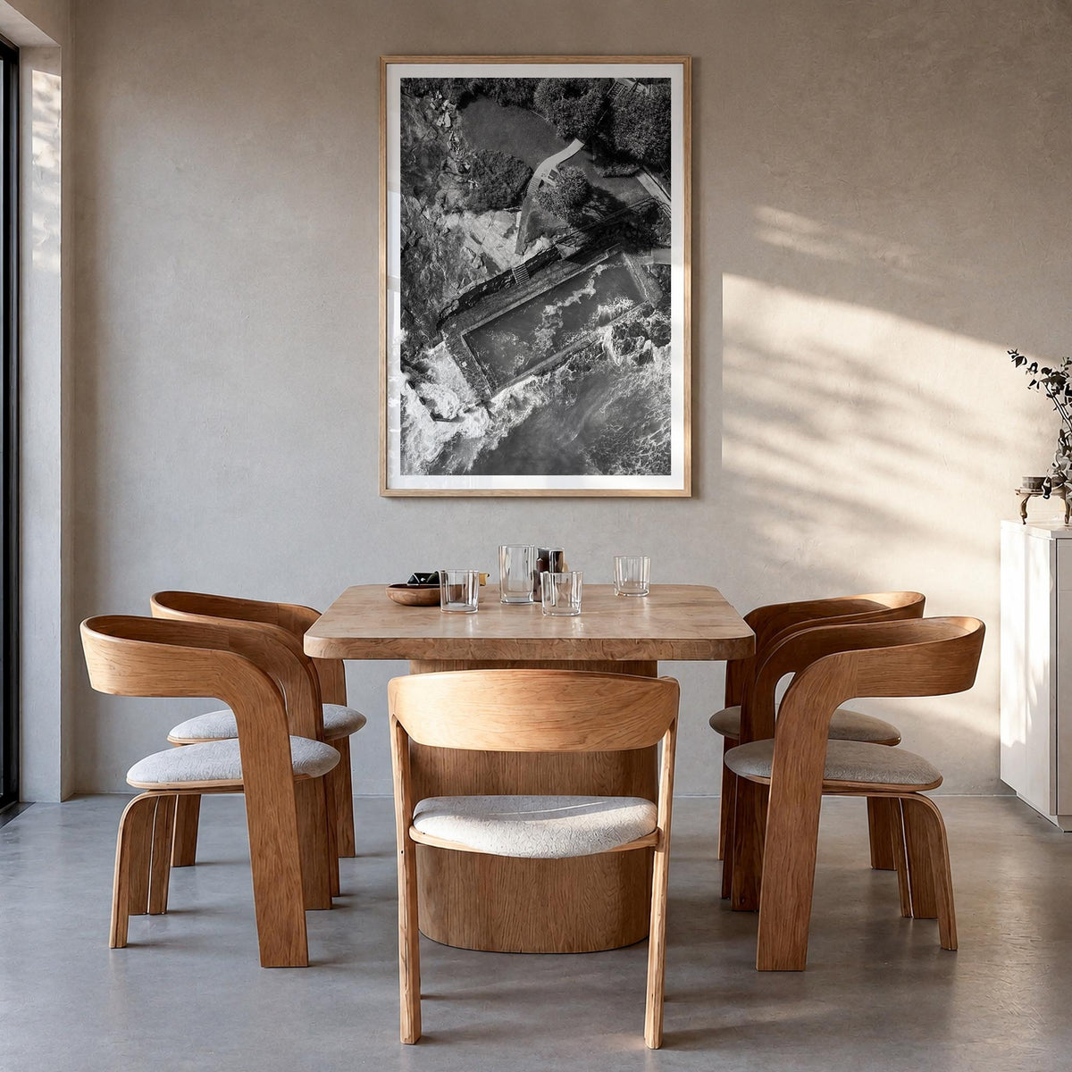 Yamba no. 1 black & white photo poster of Australia – vertical wall art in natural wood frame with white border, hanging on w