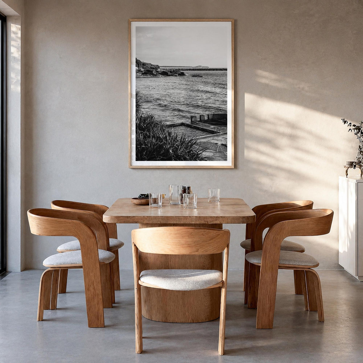Yamba no. 2 black & white photo poster of Australia – vertical wall art in natural wood frame with white border, hanging on w