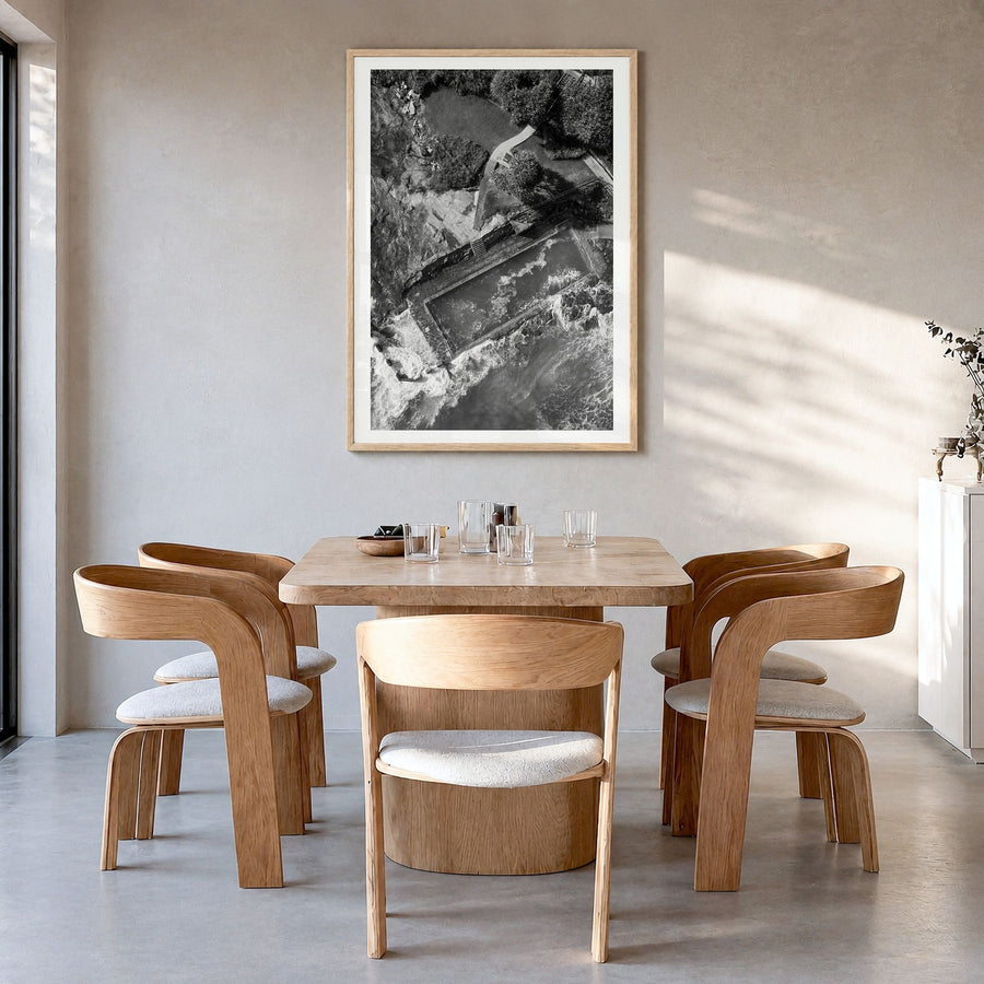 Yamba Photo No 2 Poster in a natural wood frame, hanging in a dining room, white border