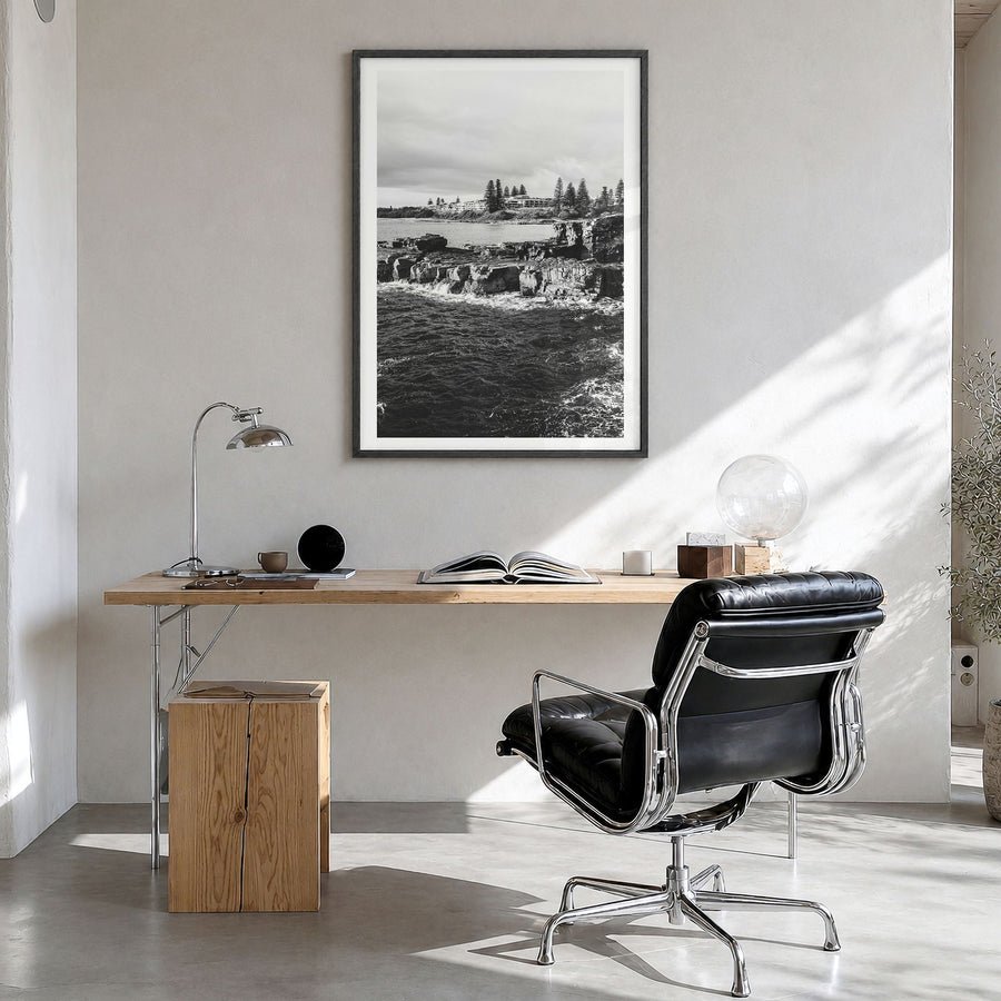 Yamba Photo No 1 Poster in a black wood frame, hanging in a bright home office, white border