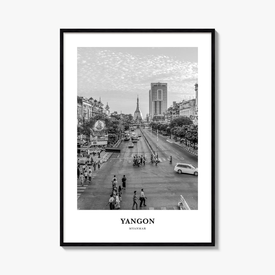 Yangon black & white classic poster of Myanmar – vertical wall art, unframed print shown in interior mockup