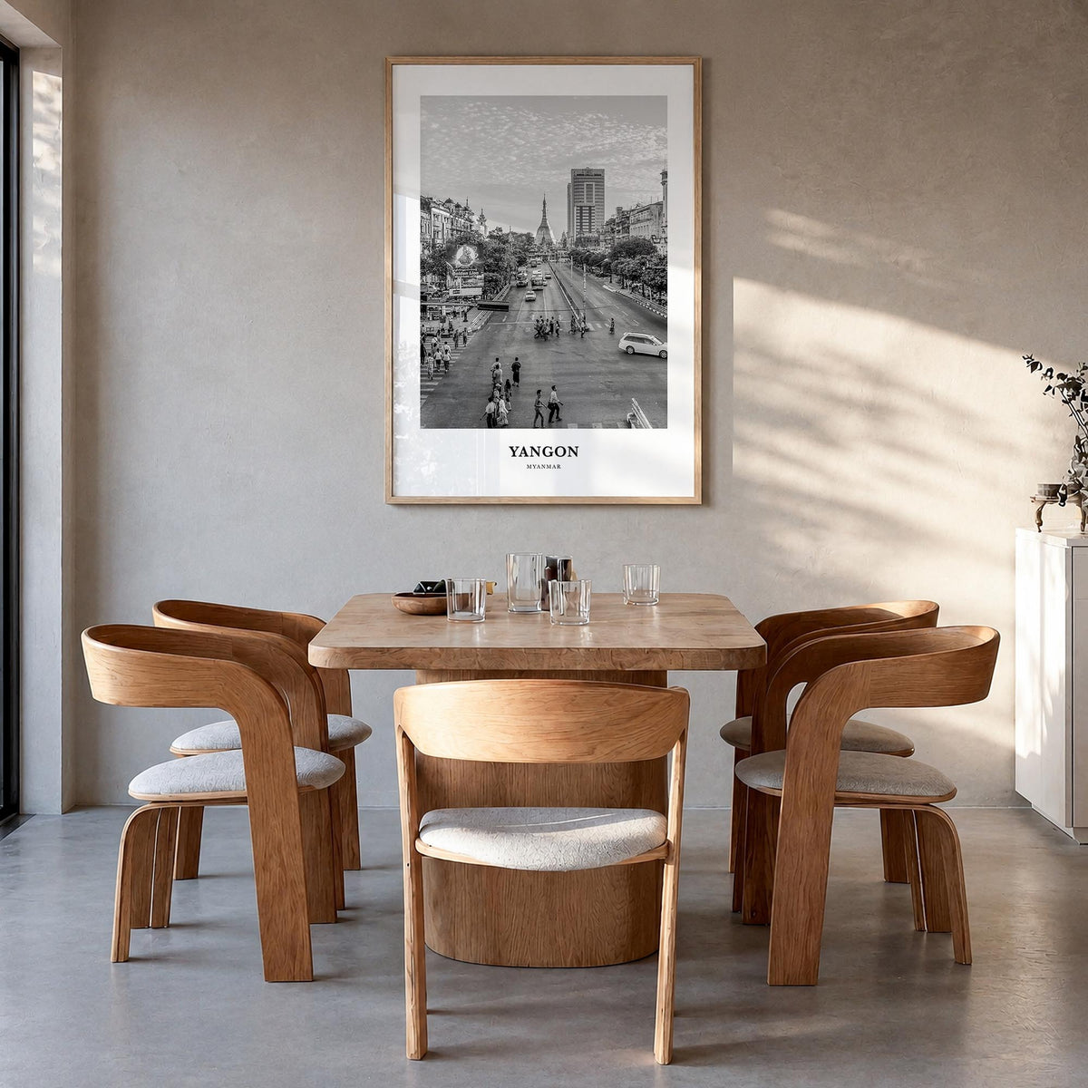 Yangon black & white classic poster of Myanmar – vertical wall art in natural wood frame, hanging on wall