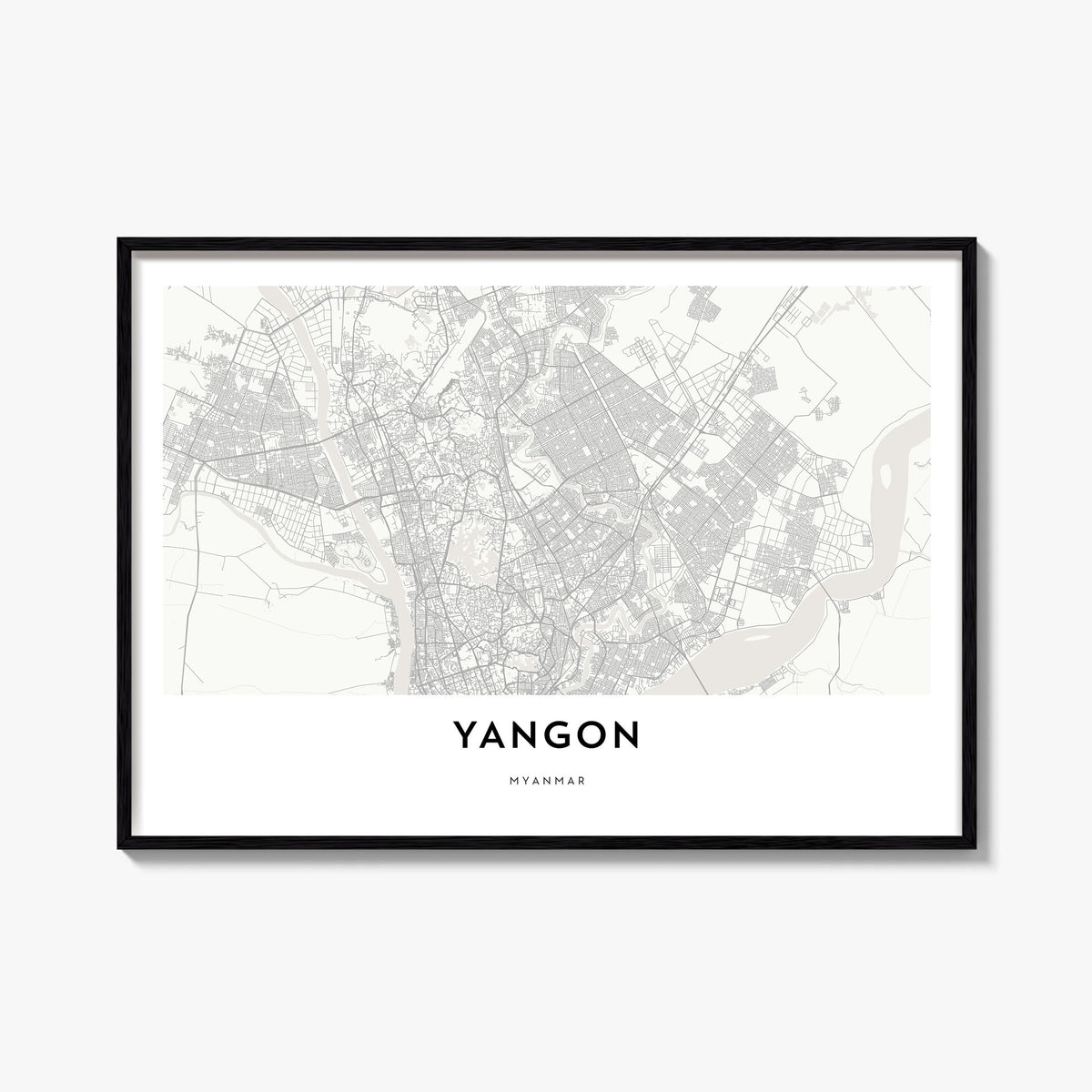 Yangon black & white map poster of Myanmar – horizontal wall art, unframed print shown in interior mockup
