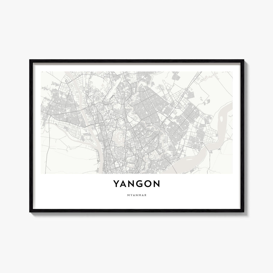 Yangon black & white map poster of Myanmar – horizontal wall art, unframed print shown in interior mockup