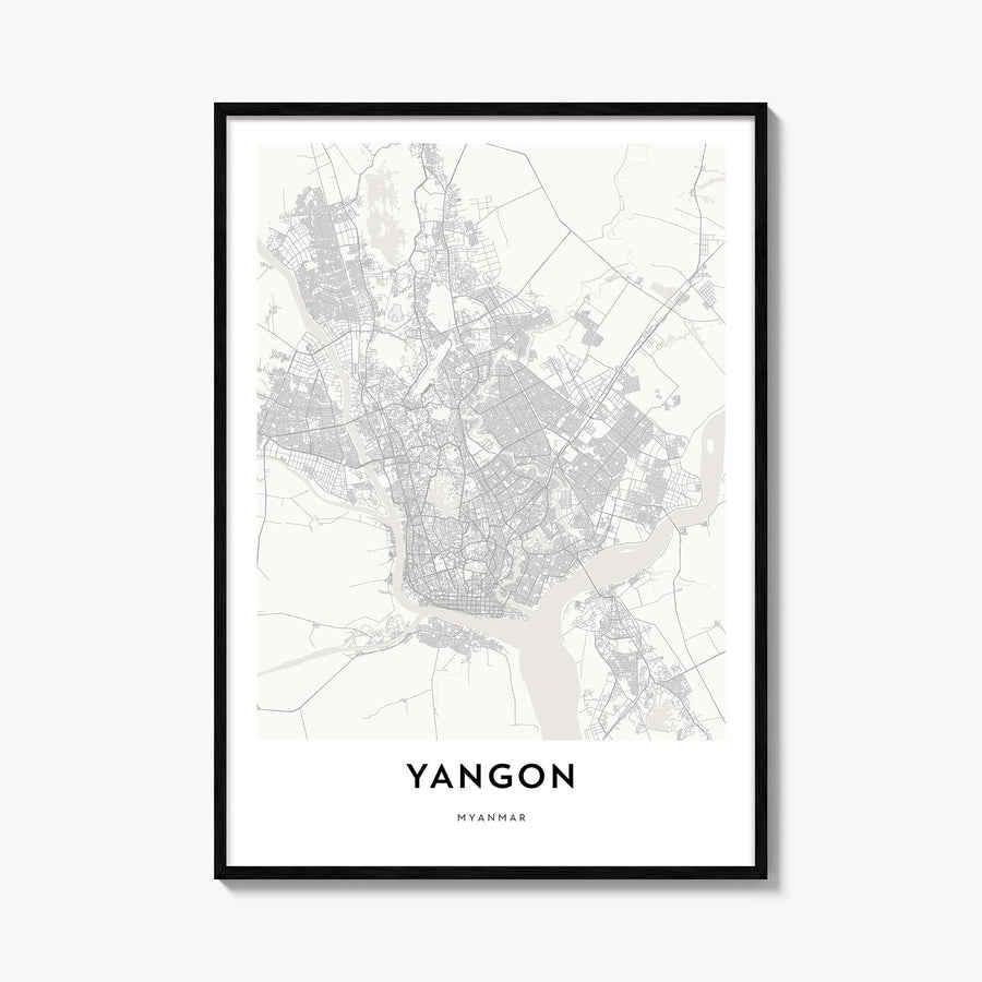 Yangon black & white map poster of Myanmar – vertical wall art, unframed print shown in interior mockup