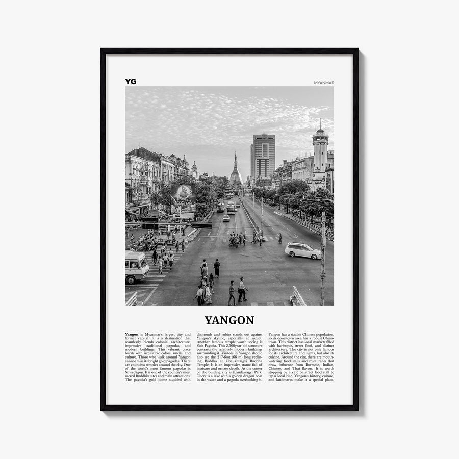 Yangon black & white newspaper poster of Myanmar – vertical wall art, unframed print shown in interior mockup