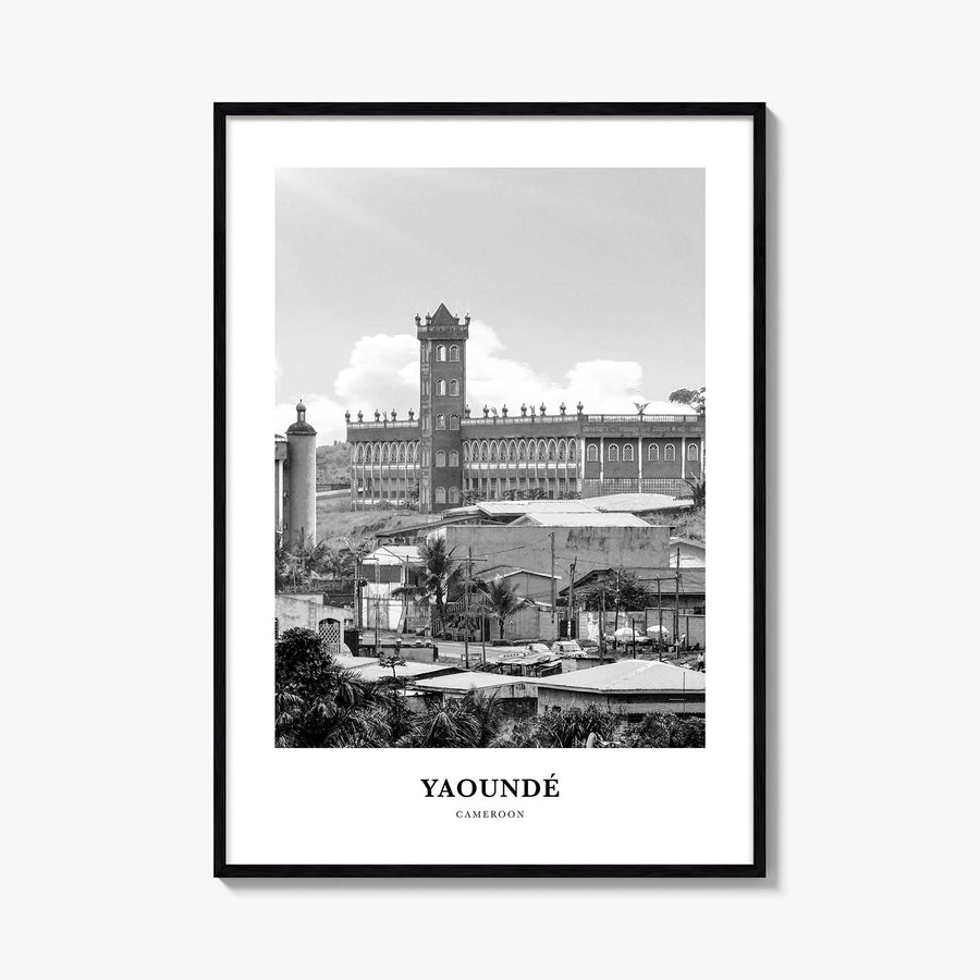 Yaoundé black & white classic poster of Cameroon – vertical wall art, unframed print shown in interior mockup