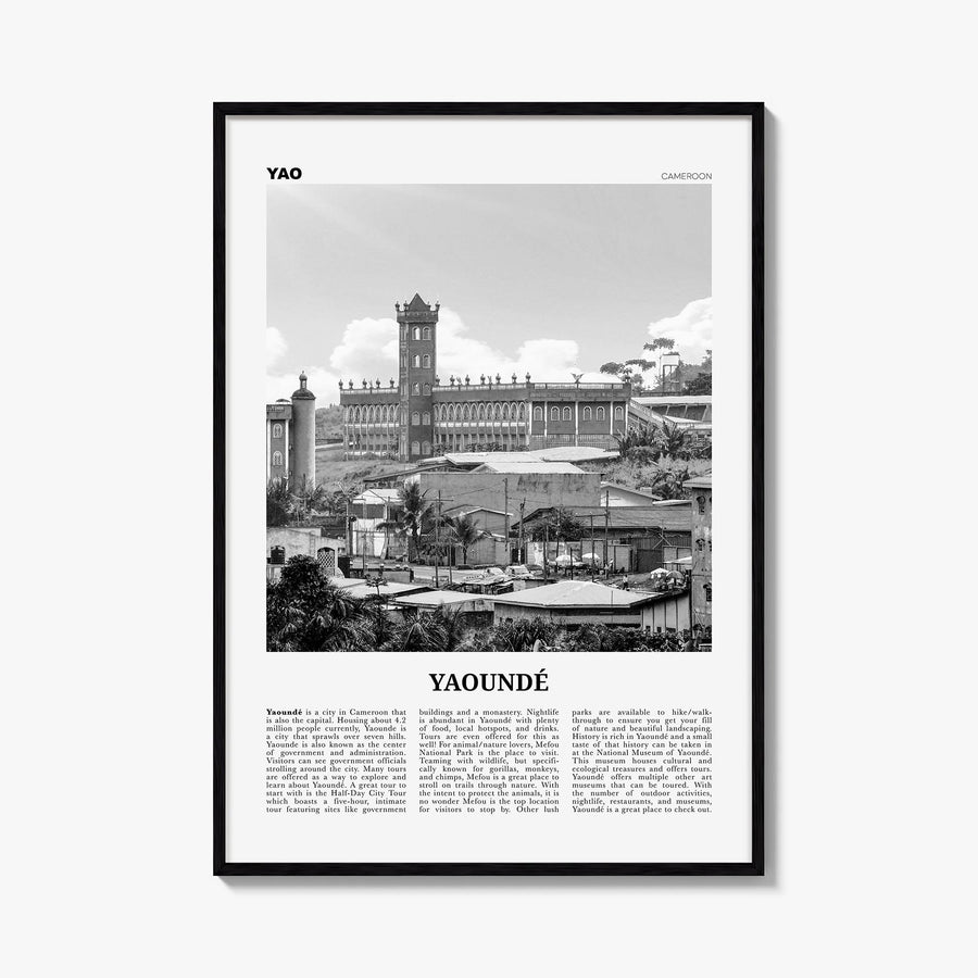Yaoundé black & white newspaper poster of Cameroon – vertical wall art, unframed print shown in interior mockup