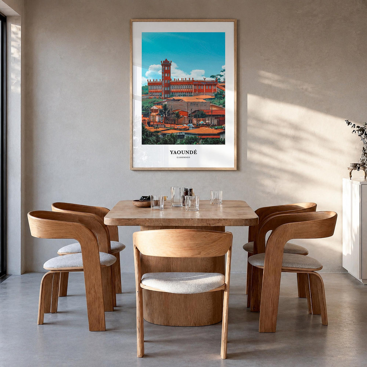 Yaoundé colorful classic poster of Cameroon – vertical wall art in natural wood frame, hanging on wall