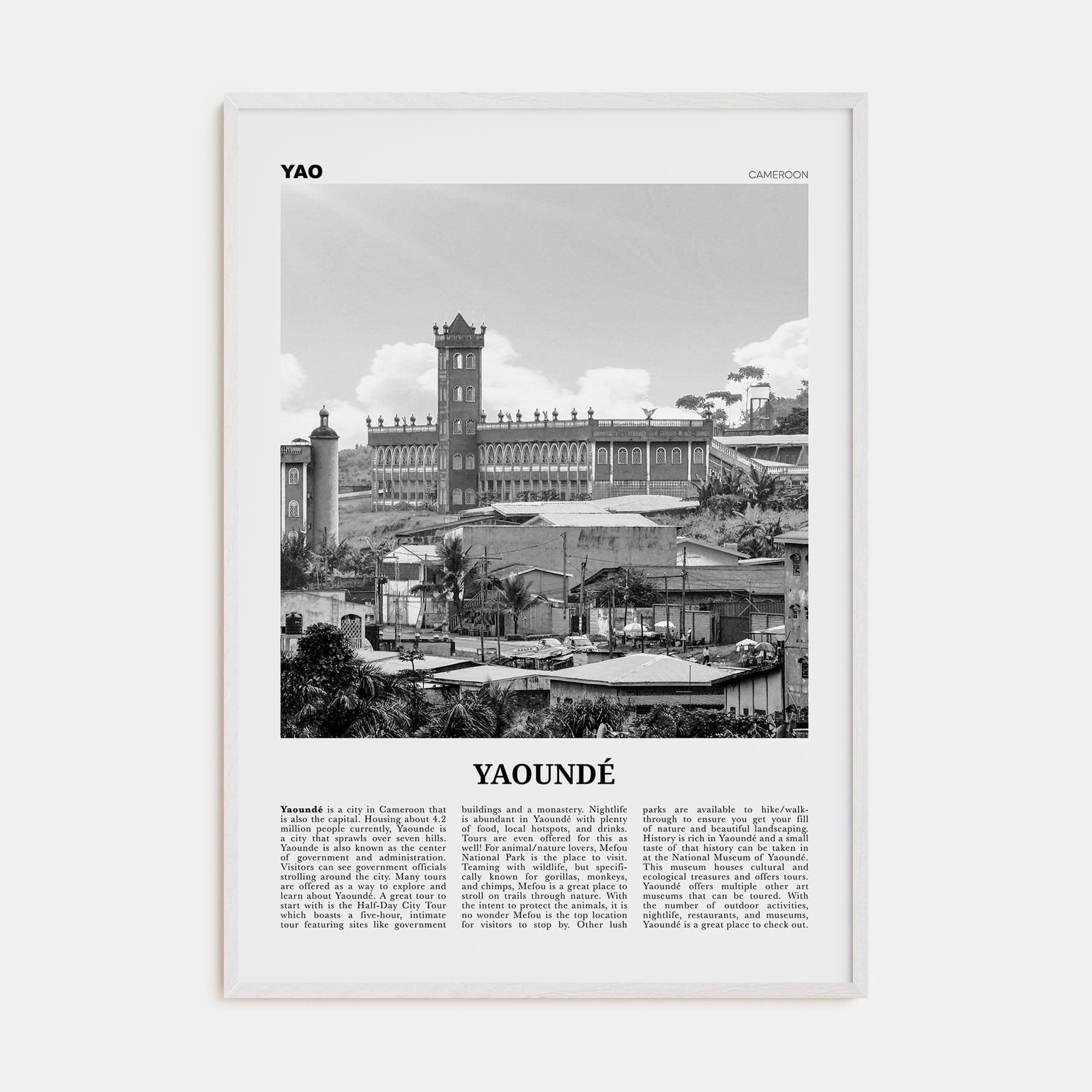 Yaoundé Poster White Wood / 8x12 in Nbourhood Travel B&W Poster