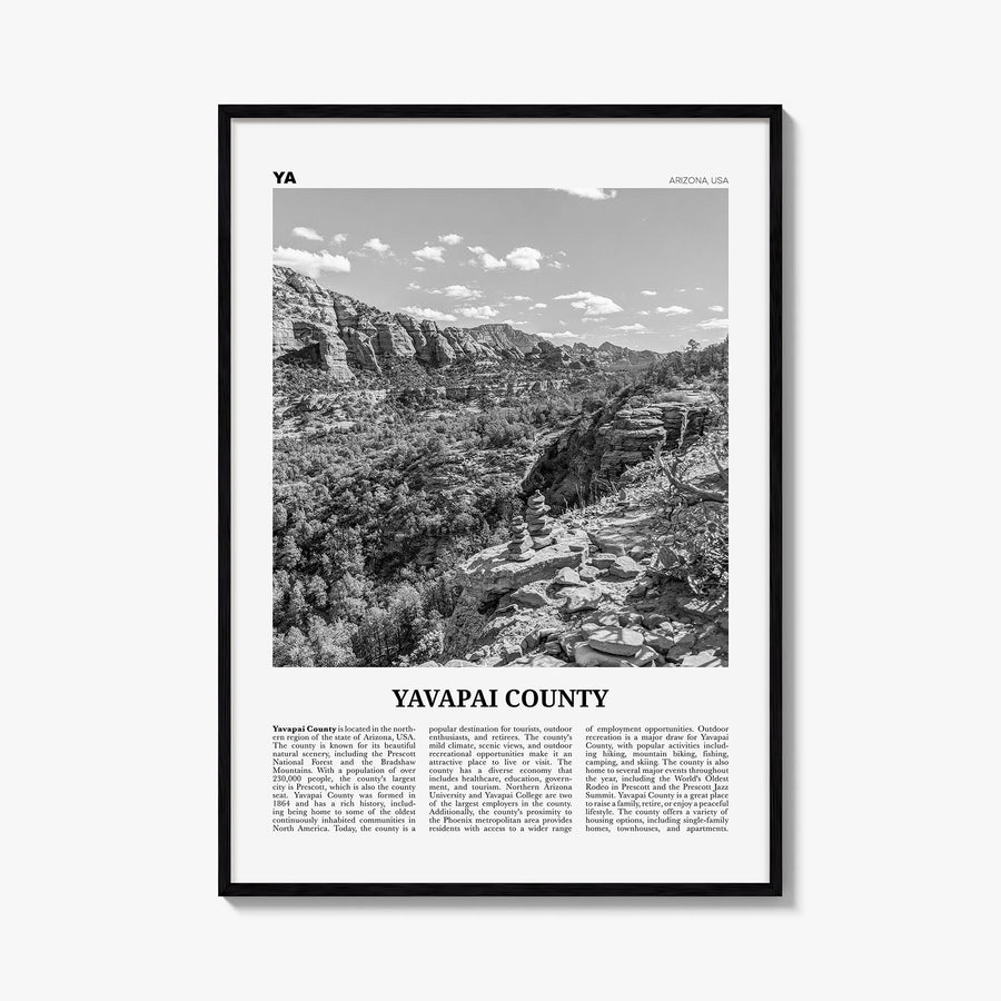 Yavapai County black & white newspaper poster of Arizona, USA – vertical wall art, unframed print shown in interior mockup