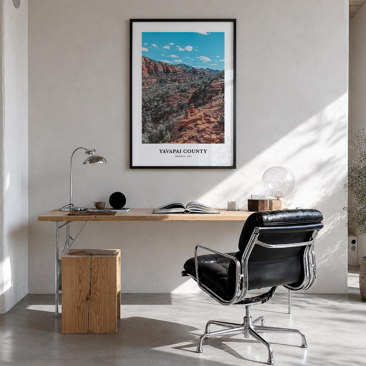 Yavapai County colorful classic poster of Arizona, USA – vertical wall art in black wood frame, hanging on wall