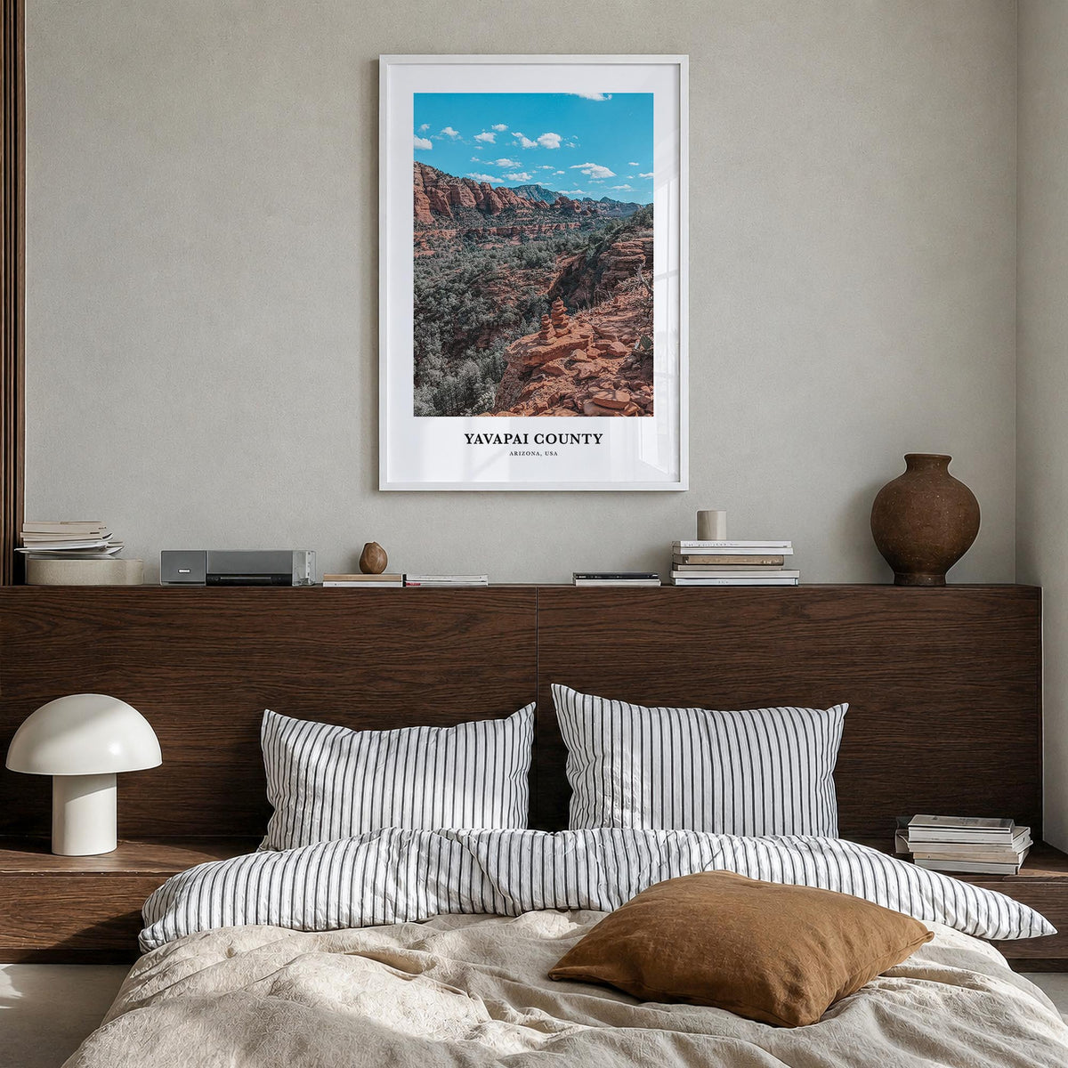 Yavapai County colorful classic poster of Arizona, USA – vertical wall art in white wood frame, hanging on wall