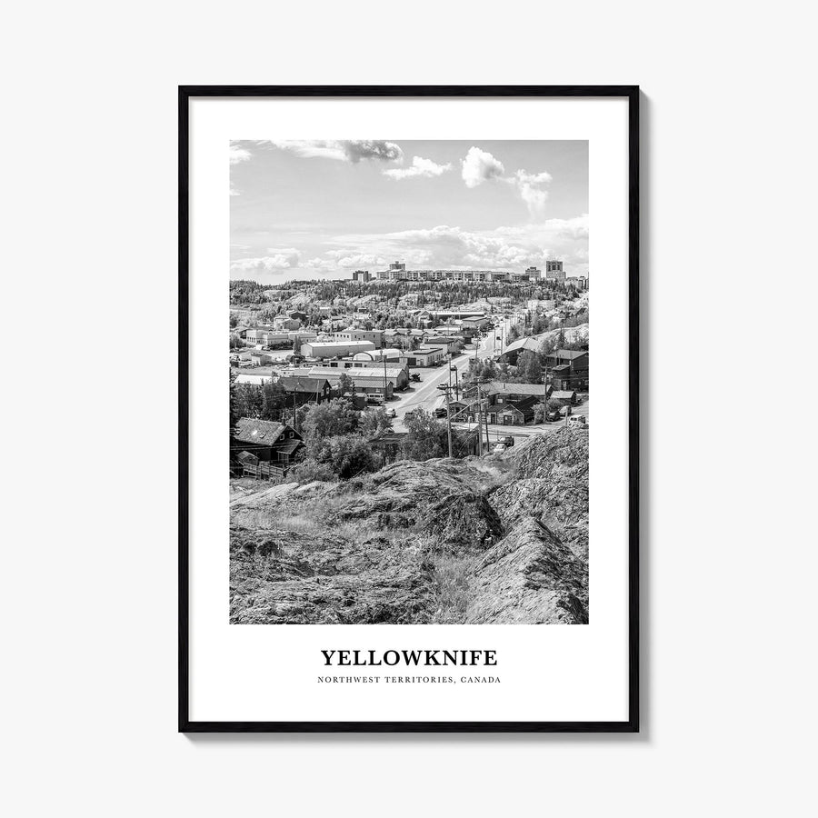 Yellowknife black & white classic poster of Canada – vertical wall art, unframed print shown in interior mockup