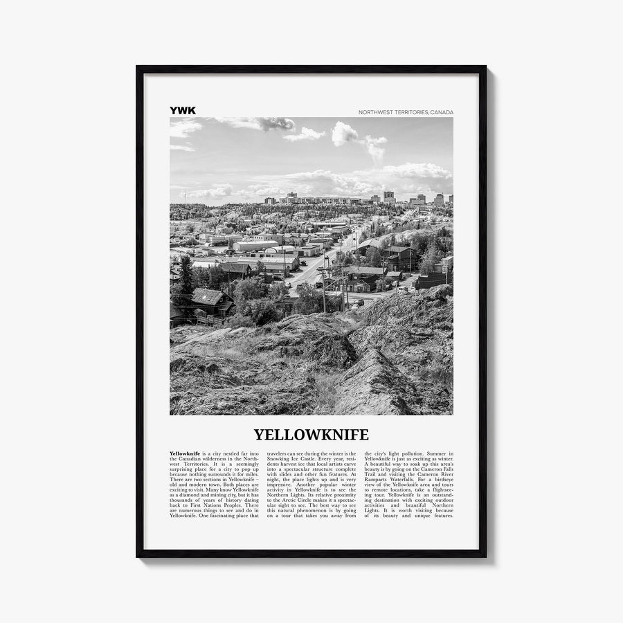 Yellowknife black & white newspaper poster of Canada – vertical wall art, unframed print shown in interior mockup