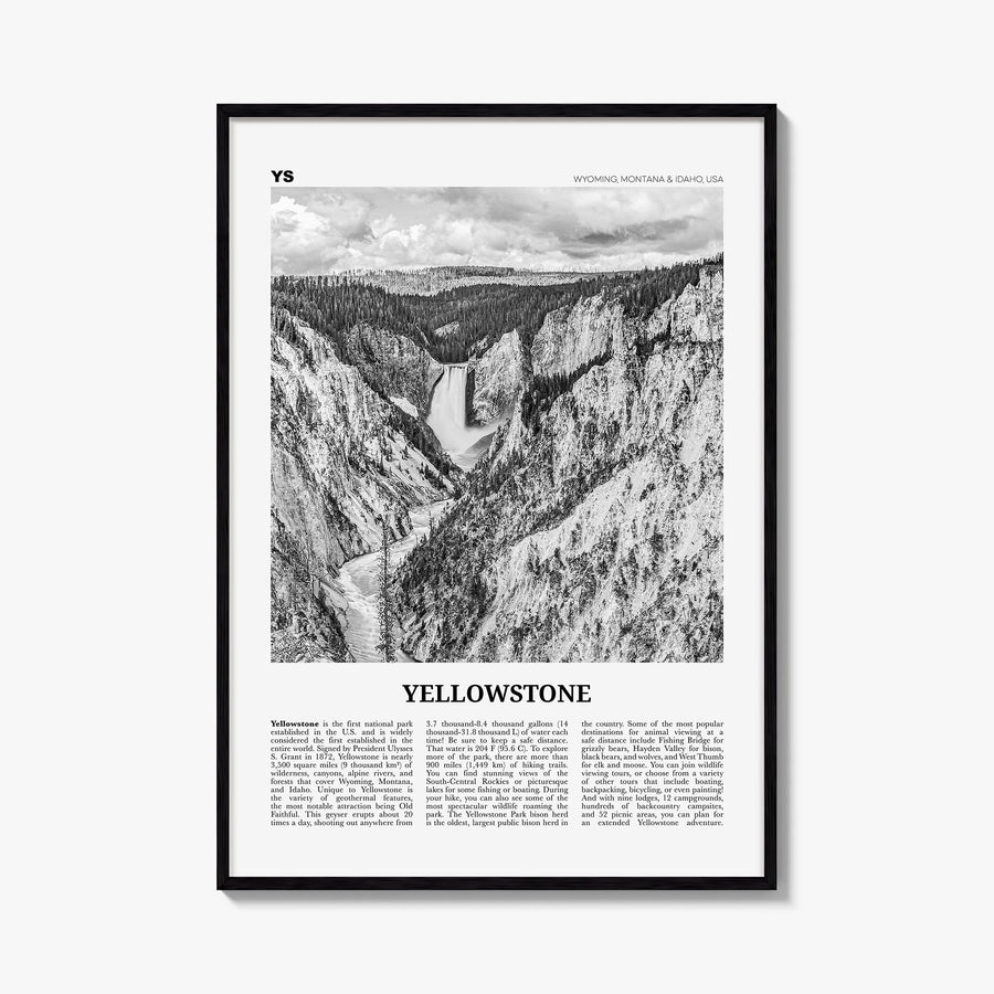 Yellowstone National Park black & white newspaper poster of Wyoming, Montana & Idaho, USA – vertical wall art, unframed print