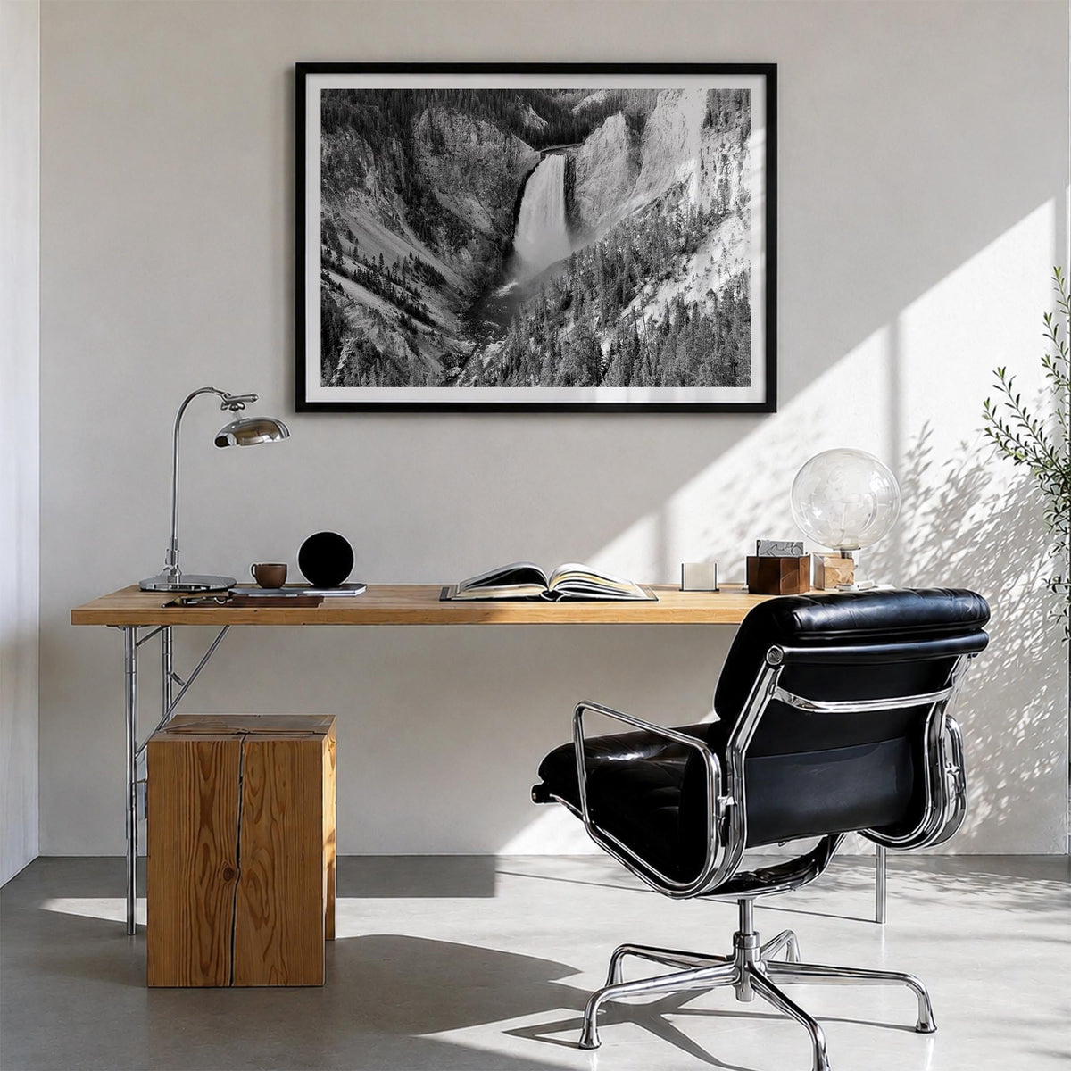 Yellowstone National Park black & white photo poster of Wyoming, Montana & Idaho, USA – horizontal wall art in black wood fra