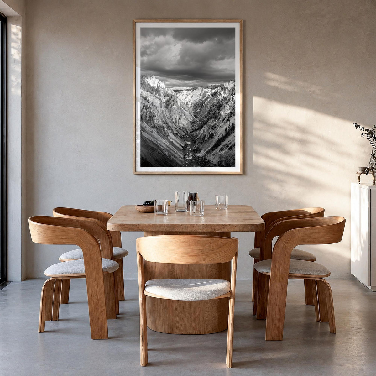 Yellowstone National Park black & white photo poster of Wyoming, Montana & Idaho, USA – vertical wall art in natural wood fra