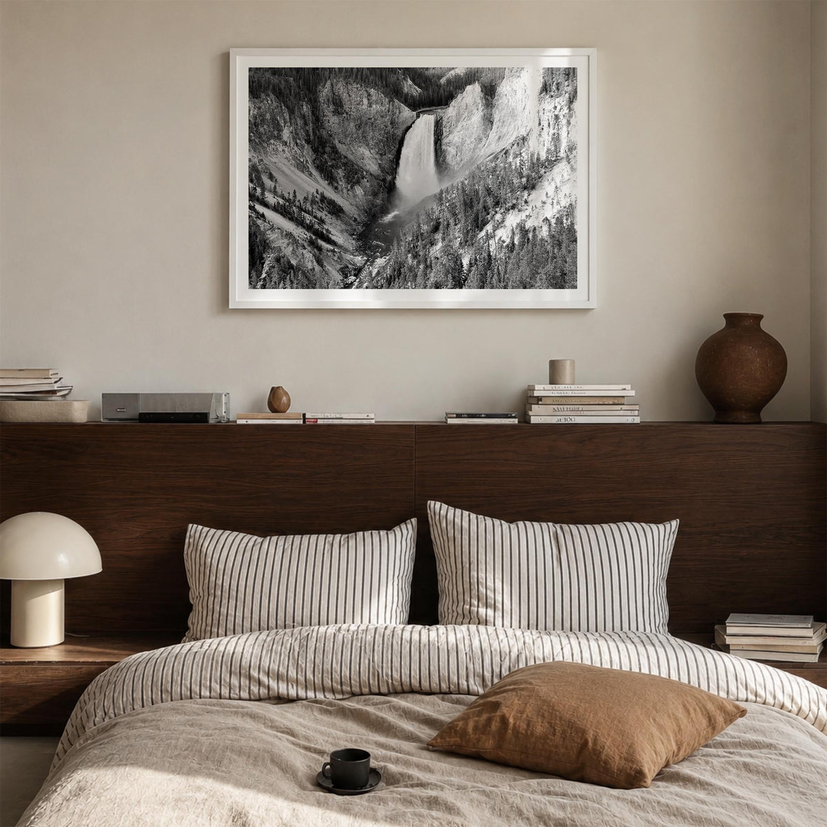 Yellowstone National Park black & white photo poster of Wyoming, Montana & Idaho, USA – horizontal wall art in white wood fra