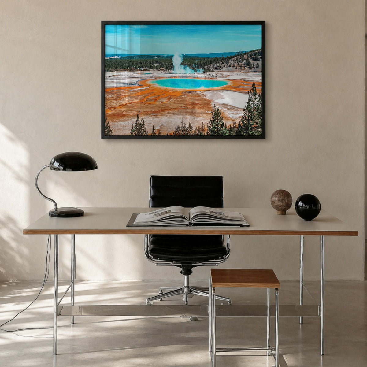Yellowstone National Park colorful photo poster of Wyoming, Montana & Idaho, USA – horizontal wall art in black wood frame, h