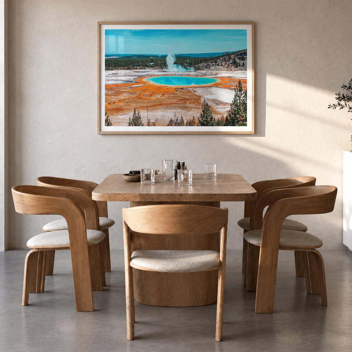 Yellowstone National Park colorful photo poster of Wyoming, Montana & Idaho, USA – horizontal wall art in natural wood frame 