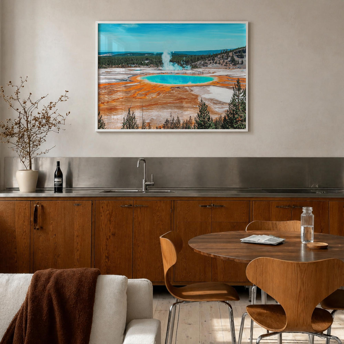 Yellowstone National Park colorful photo poster of Wyoming, Montana & Idaho, USA – horizontal wall art in white wood frame, h