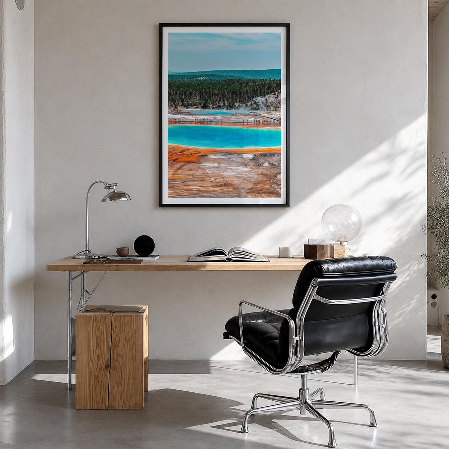 Yellowstone National Park no. 1 colorful photo poster of Wyoming, Montana & Idaho, USA – vertical wall art in black wood fram