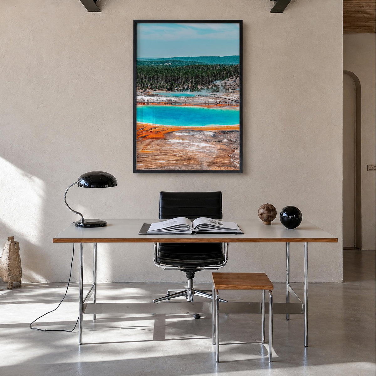 Yellowstone National Park no. 1 colorful photo poster of Wyoming, Montana & Idaho, USA – vertical wall art in black wood fram