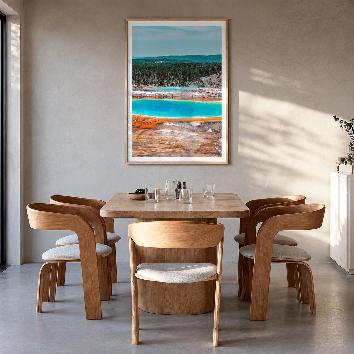 Yellowstone National Park no. 1 colorful photo poster of Wyoming, Montana & Idaho, USA – vertical wall art in natural wood fr