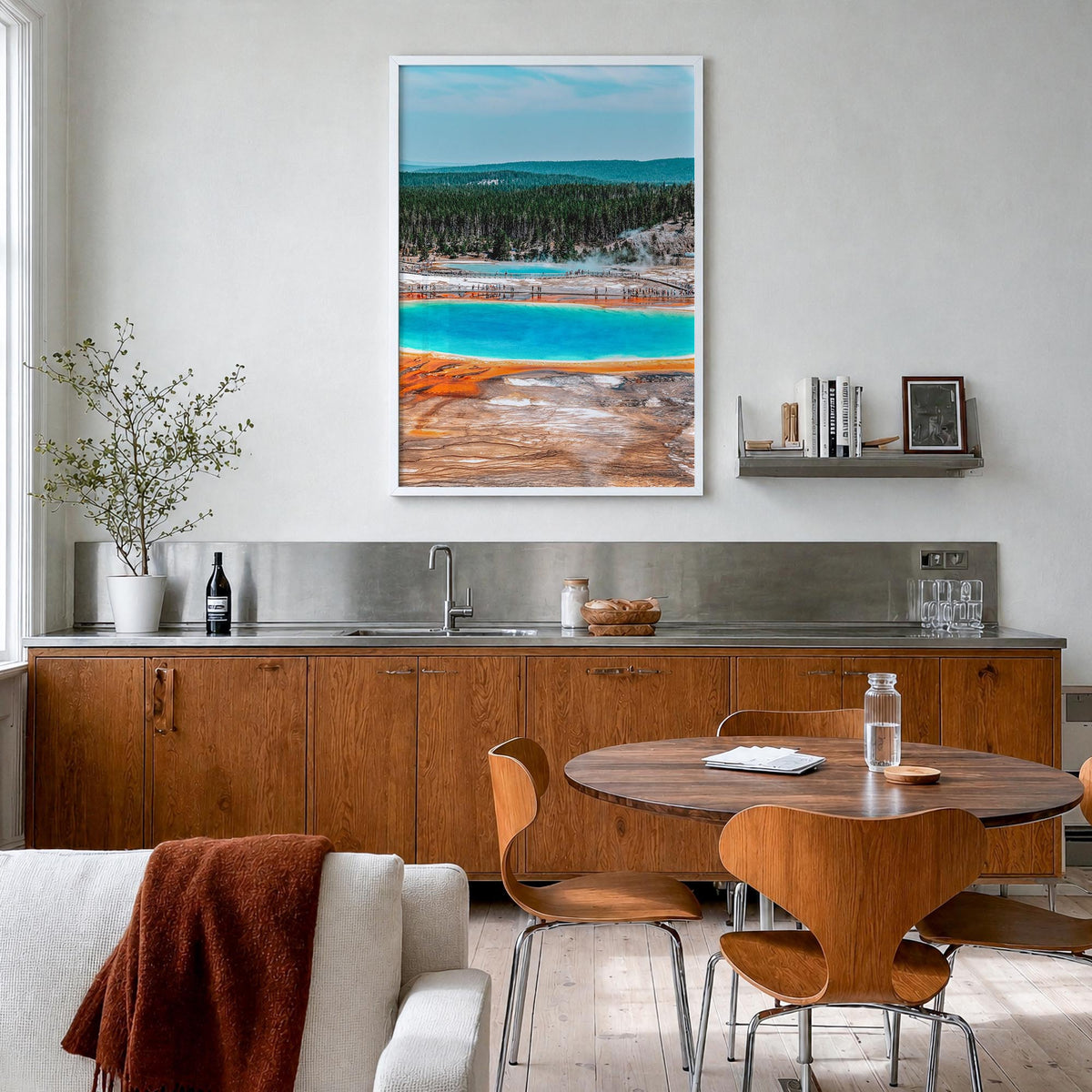 Yellowstone National Park no. 1 colorful photo poster of Wyoming, Montana & Idaho, USA – vertical wall art in white wood fram